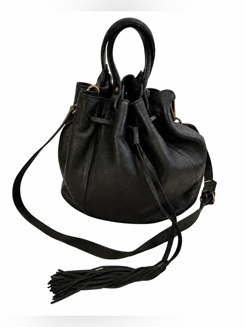Madewell Black Leather Bucket Bag Crossbody Shoulder Purse Tassel Drawstring